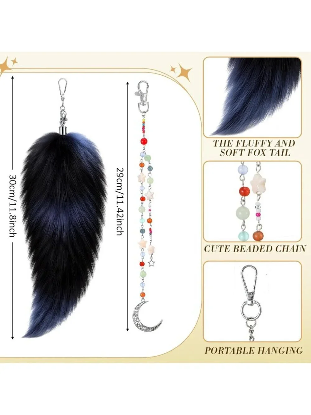 Women's Black Fox 11.8 Inch Fluffy Therian Fox Tail Keychain and Beaded Pendant